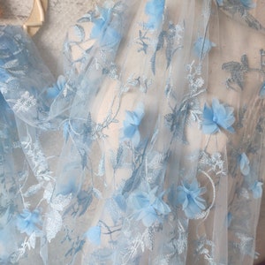 3d blue chiffon floral embroidered lace fabric, Chiffon tulle, 3D flower lace curtains, Wedding dress, Bridal gowns,shirt,Evening dress
