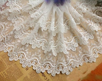 1 yard  White Tulle 3 layers Flower Scalloped Embroidery Alice Venise Exquisite Lace Trim Floral Embroidery Wedding Lace 13.7&quot; width