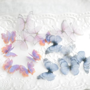 May include: Assortment of delicate butterfly embellishments in shades of blue, purple, and pink. The butterflies are made of sheer fabric and have a delicate, ethereal quality.
