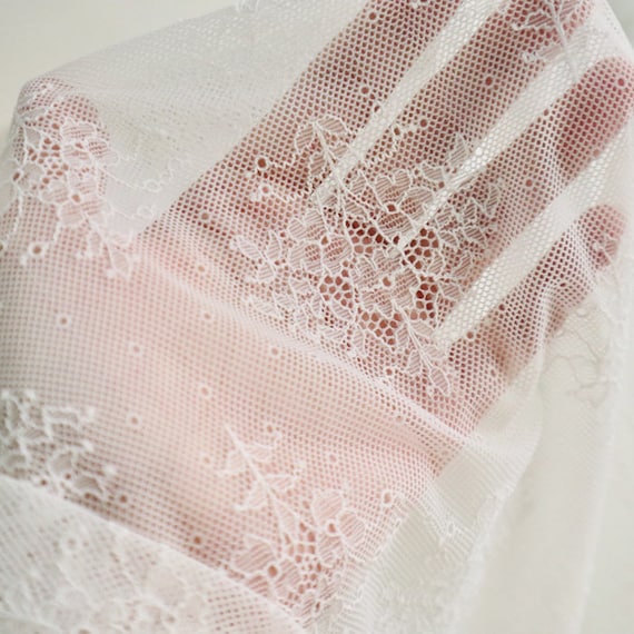 Stretchy Tulle White Fabric Soft Elastic Tulle Flower Lace Fabric for Party Decoration, Girl Dress, Wedding Dress, Bridal Supplies 51" width