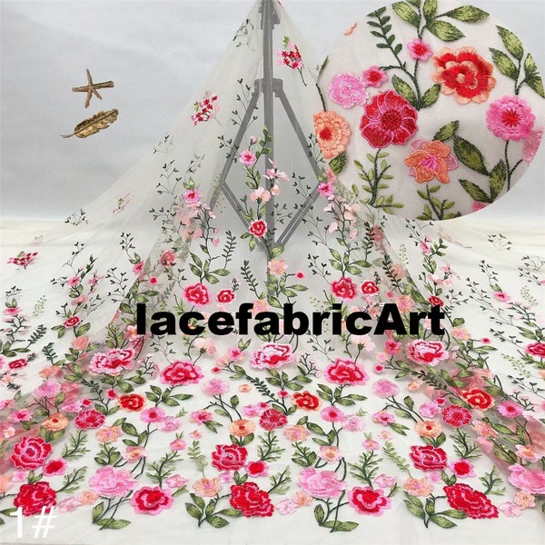 Tissu de tulle de tissu de dentelle de fleur rose brodé lourd de 7 couleurs pour le tissu de robe de mariée robe voile tissu de dentelle de mariée 51 "largeur de haute qualité