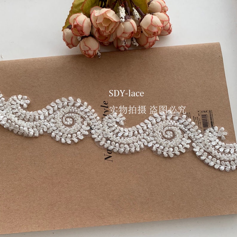 1 yards Lace trim bead pearl flower embroidery exquisite alice lace alencon embroidery wedding lace bridal lace dress fabric 1.96 width