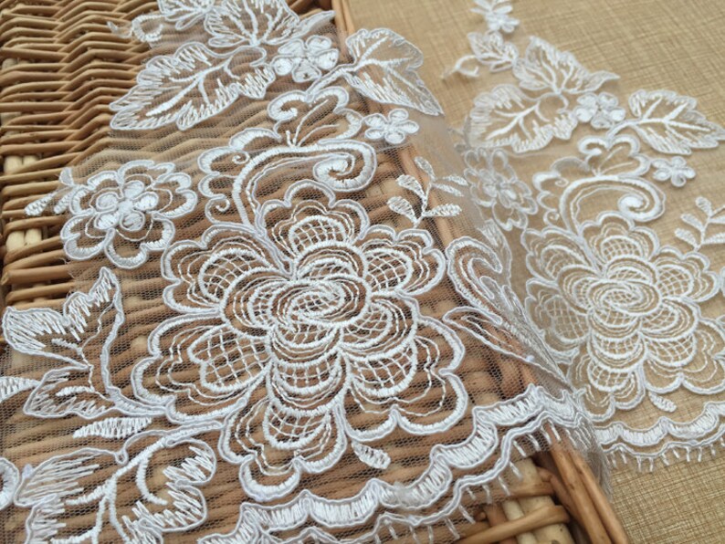 Lace Trim Ivory Tulle Exquisite Rose Flower Embroidery Wedding Fabric Bride Headwear Veil Lace 10.4 width 1 yard