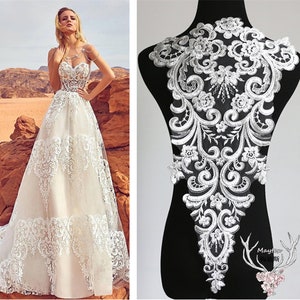 1pc ivory mesh retro flower Lace Applique bead embroidery bodice applique altering Super Luxury Bridal wedding applique veil applique