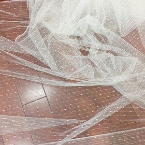May include: White tulle fabric with a delicate pattern of small dots. The fabric is sheer and has a soft, flowing texture.