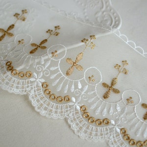 1 yards Lace trim ivory tulle exquisite gold cross flower alice lace alencon embroidery wedding lace bridal lace dress fabric 5.5&quot; width