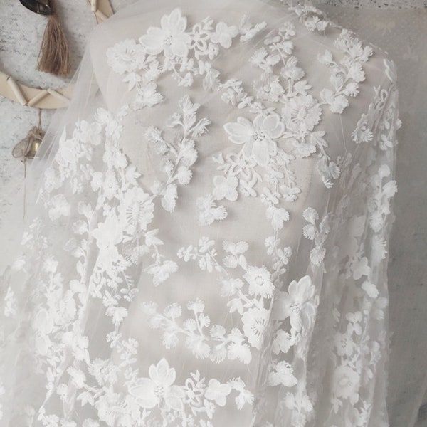 Ivory tulle exquisite 3d flower embroidered lace fabric flower floral lace fabric ball gown, floral wedding dress, lace top 51" width