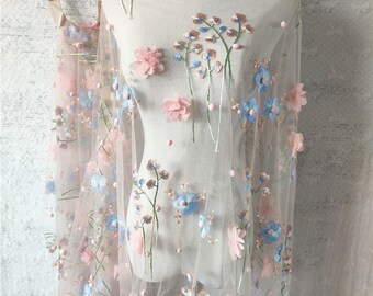 1 yard 3D pink flower pompom tulle exquisite flower embroidery soft fabric wedding lace bridal lace dress fabric 51" width by the yard