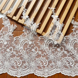 43cm width White Lace Trim Flower Embroidery Lace Alice Exquisite Flower Floral Embroidered Scalloped Tulle bridal wedding lace