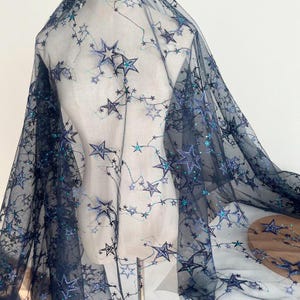 Tulle bleu marine paillettes étoiles broderie dentelle tissu mariage dentelle mariée dentelle robe tissu voile dentelle 51&quot; largeur par mètre