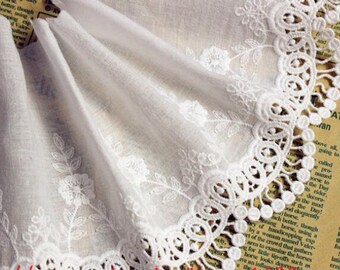 2 Yards Lace Trim Ivory Cotton Fabric Embroidery Floral Wedding 5.31" width