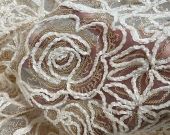 White tulle gold sequin flower embroidery Lace Fabric Floral Embroidered Tulle for Dress Bridal Veil Floral Lace 51" width