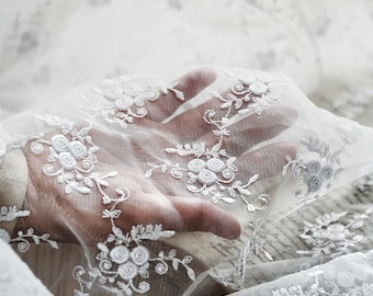 Tessuto di pizzo tulle squisito in 5 colori con rose chiare ricamate in garza per abito da sposa, tessuto in pizzo tagliato a misura 51 pollici di larghezza