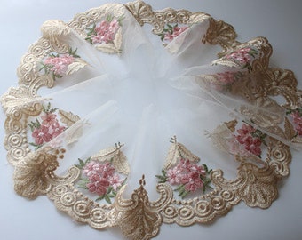2 Yards Lace Trim Ivory Tulle Pink Flower Floral Embroidered Scalloped Tulle bridal lace wedding lace 6.69&quot; width