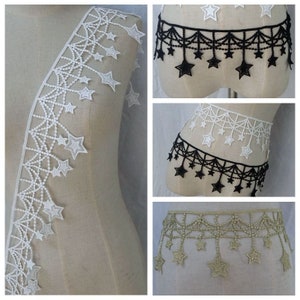 2 yards Lace trim exquisite white black gold tassel star floral embroidery wedding lace bridal lace dress fabric 4" width