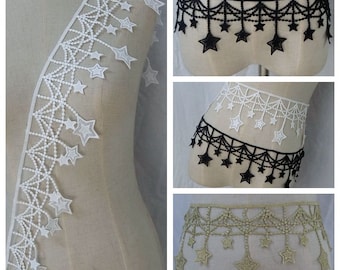 2 yards Lace trim exquisite white black gold tassel star floral embroidery wedding lace bridal lace dress fabric 4&quot; width