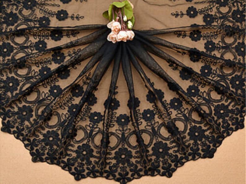 2 yard Black Tulle Cotton Flower Embroidery Alice Venise Exquisite Lace Trim Floral Embroidery Wedding Lace 15.7 width