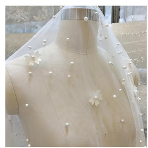 1 Yard Ivory Tulle 3D Flower Irregular Big and Small Bead Pearl lace fabric wedding lace bridal lace dress fabric veil lace 59&quot; width