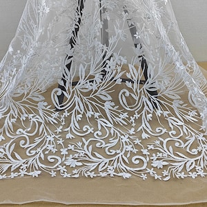 White Tulle Small Floral Leaf Embroidered Lace Fabric Leaf Branch fabric for Wedding Dress Fabric Dress Veil Bridal Lace Fabric 51&quot; width