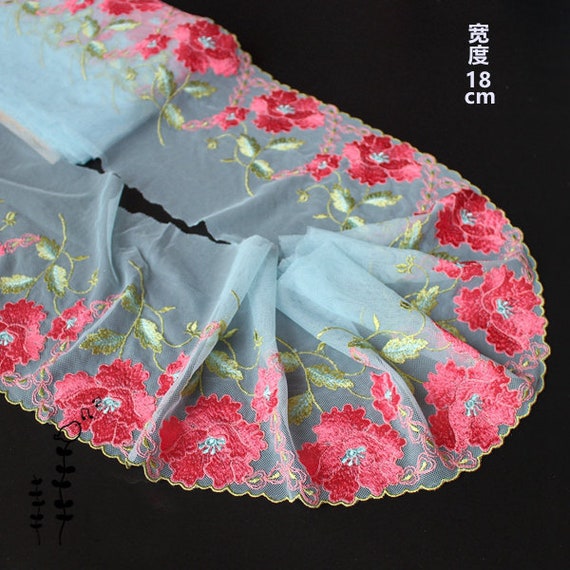 2 colors 2 yards Lace Trim Light Blue Rose Red Tulle Exquisite Red Flower Embroidery Wedding Bride Lace 7.08" width