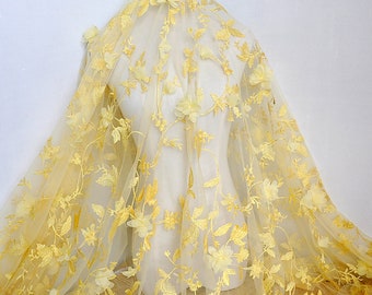 3d gold yellow floral embroidered lace fabric, Chiffon tulle, 3D flower lace curtains, Wedding dress, Bridal gowns,shirt,Evening dress