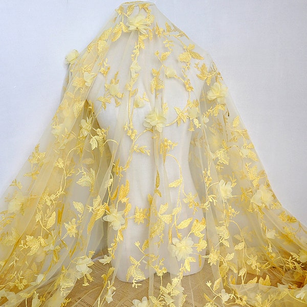 Tissu de dentelle brodé floral jaune or 3d, tulle en mousseline de soie, rideaux de dentelle de fleurs 3D, robe de mariée, robes de mariée, chemise, robe de soirée