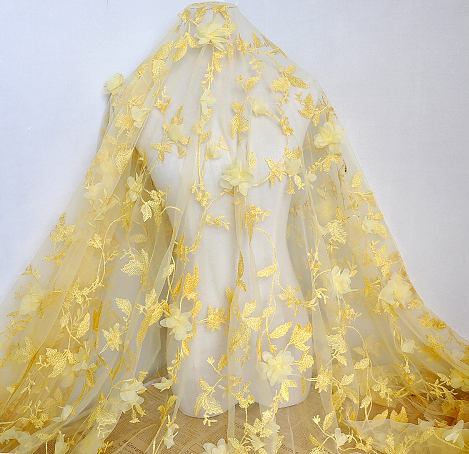 embroidered wedding dress with sleeves Mac Duggal - Yellow Embroidered Tulle A-Line Midi Dress main image 1