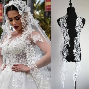 1pc ivory sequin big flower Lace Applique bead embroidery bodice applique altering Super Luxury Bridal wedding applique veil applique