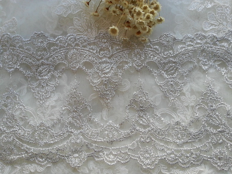 1 Yards Lace Trim Silver Flowers Embroidered Alice Venise Exquisite Lace Trim Floral Embroidery Wedding Lace 5.51 width