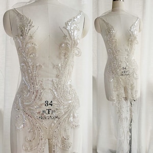Gewalkte Silber Perle Pailletten-Spitze-Applikation im europäischen Stil Stickerei Mieder für Brautkleid Super-Luxus Braut Hochzeit Applikation ändern