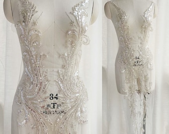 Fulled Silver Bead Sequin Lace Applique European style embroidery bodice for bridal dress altering Super Luxury Bridal wedding applique