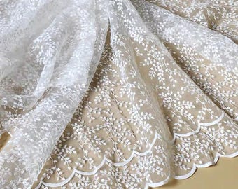 White organza small leaf floral embroidered lace fabric for baby dress floral wedding dress fabric lace veil lace 51" width