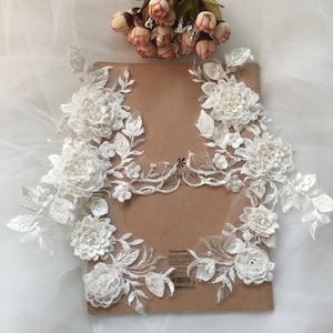 1 pair Lace Applique Ivory 3D Flower Sliver thread bead pearl embroidery bodice applique Super Luxury Bridal wedding applique veil applique