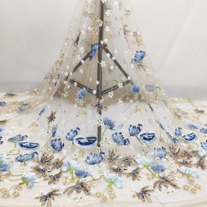 3 colors lace fabric blue lotus flower exquisite embroidery soft tulle fabric wedding lace bridal lace dress fabric 51" width by the yard