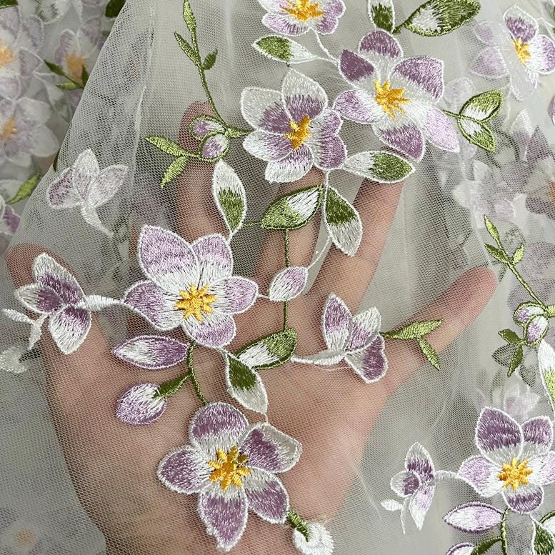 White Tulle Purple Flower Green Leaf Embroidery Lace Fabric Floral