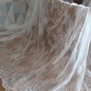 1 yard Lace Fabric Ivory Black Chantilly Franch Graceful Eyelash Floral Wedding Fabric Bridal Fabric Scalloped 59&quot; width