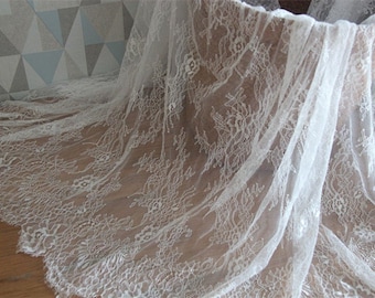 1 yard Lace Fabric Off white Black Chantilly Franch Graceful Eyelash Floral Wedding Fabric Bridal Fabric Scalloped 59" width