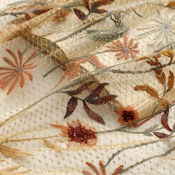 Brown tulle lace fabric flower exquisite gold embroidery soft tulle wedding lace bridal lace dress fabric 51" width  by yard high quality