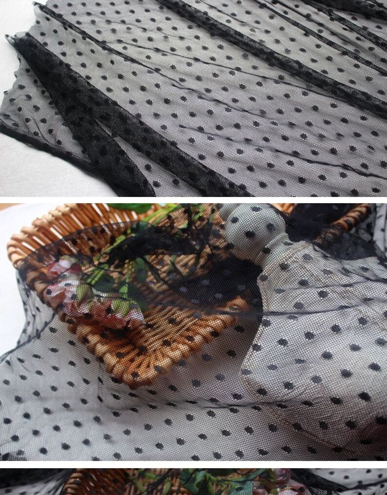 May include: Black sheer fabric with small white polka dots. The fabric is delicate and has a soft texture.