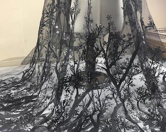 Sequin black off white lace fabric snowflake tree embroidery fabric soft tulle for wedding lace bridal lace dress fabric veil lace 51" width