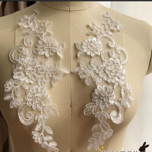 1 pair ivory alice alencon flower Lace Applique embroidery bodice applique for altering Super Luxury Bridal wedding applique veil appliques