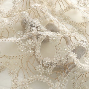 Champagne or sequin perle dentelle brodée de haute qualité tissu robe de bal floral robe de mariée en dentelle haut bébé robe voile dentelle 51&quot; de large