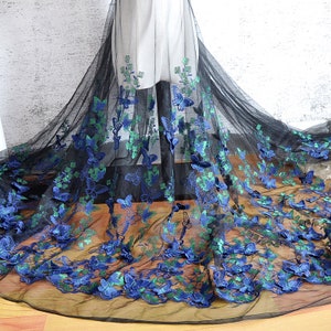 6 colors 3D blue green butterfly flower exquisite embroidery soft black tulle fabric wedding lace bridal lace dress fabric 59&quot; width