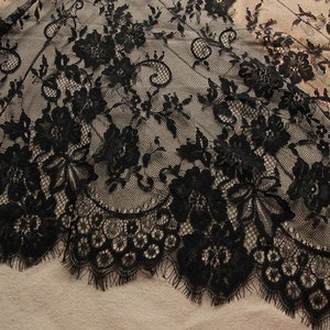 1 yard Lace Fabric Black Ivory Chantilly Franch Graceful Eyelash Floral Wedding Fabric Bridal Fabric Scalloped 59&quot; width