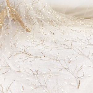 Lace Fabric ivory tulle gold sequin flower Floral Embroidered Tulle Fabric Dress Bridal Veil Floral 51&quot; width 1 yard