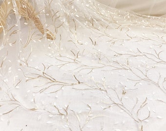 Lace Fabric ivory tulle gold sequin flower Floral Embroidered Tulle Fabric Dress Bridal Veil Floral 51" width 1 yard