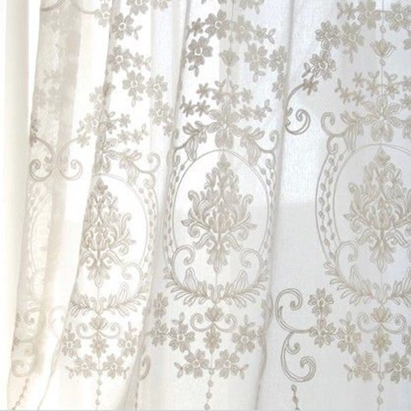 White Europe Style Retro Flower Embroidered on White Lace Sheer Curtain Fabric,Sheer Curtains Embroidered for BackDrop Wedding Lace