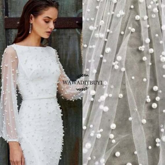 Yard Ivory Tulle Irregular Bead Pearl Lace Fabric Wedding Lace