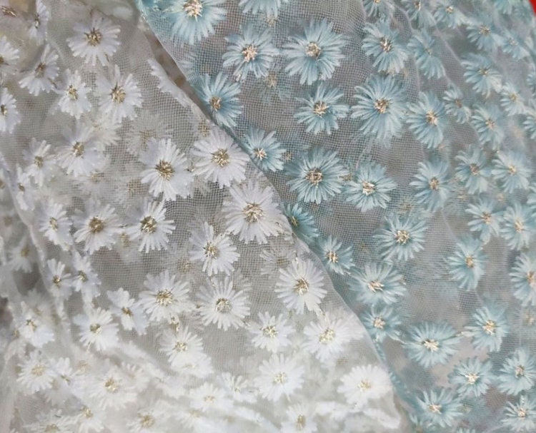 Pale Blue Daisy White Tulle Exquisite Flower Embroidery Soft Fabric ...