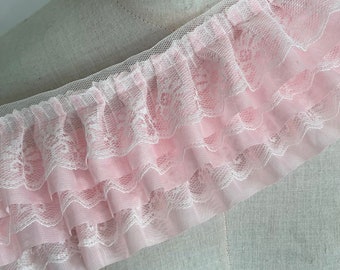 4 colors Lace trim ivory pink blue chiffon tulle 3 layer lace tutu tulle pleated ruffled Floding Lolita Lace 11cm width